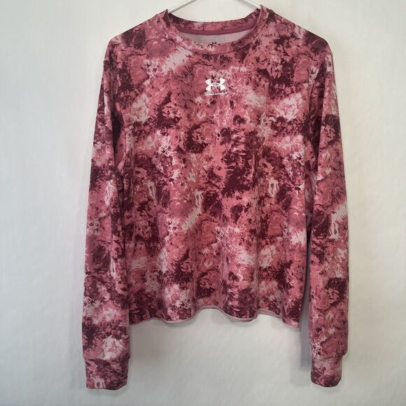 Under Armour Crewneck Cropped Sweatshirt Womens Size Large Pink Camo Long Sleeve - Picture 1 of 12